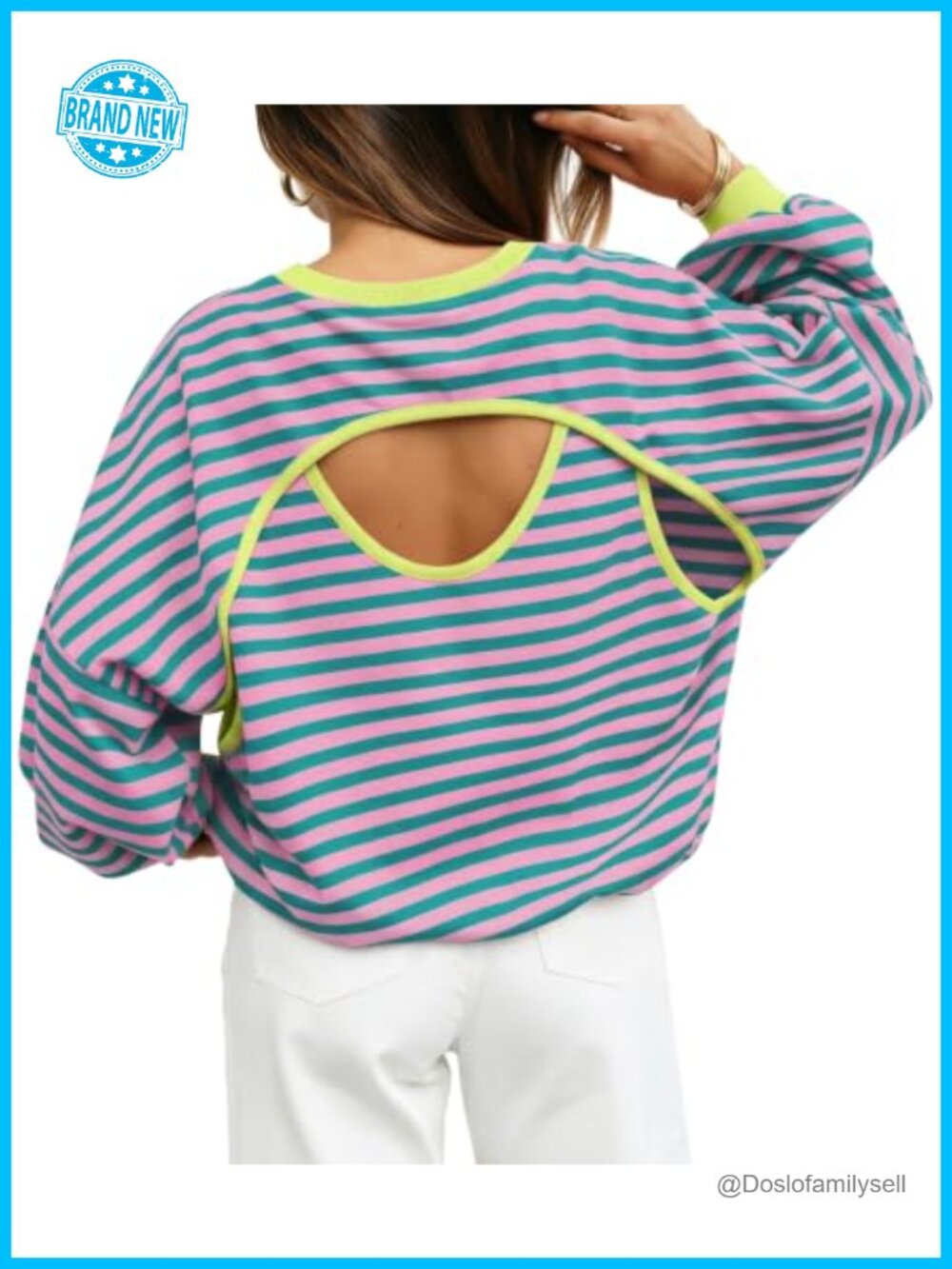 Striped Long Sleeve Open Back Sweatshirt Crew Neck Loose Fit Casual Top